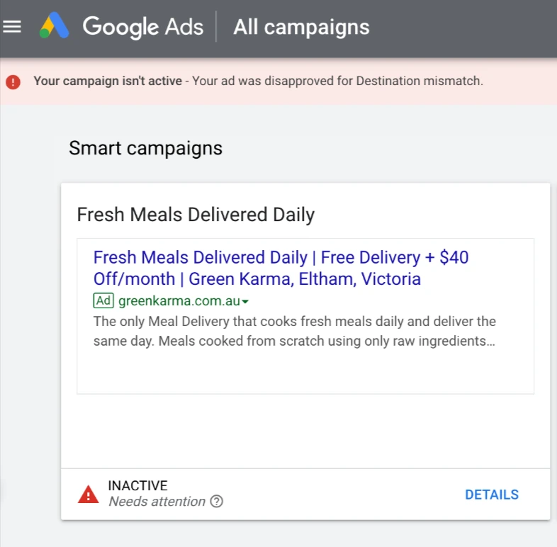 Example of Destination Mismatch in Google Ads