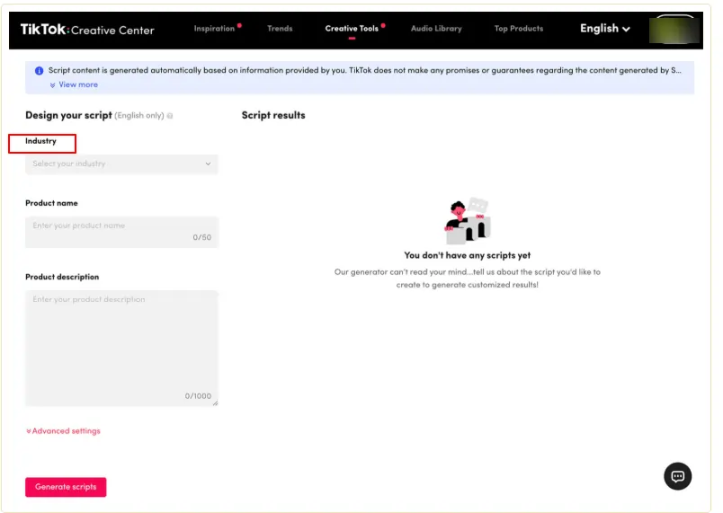 Industry Selection for Script generation in TikTok Symphony