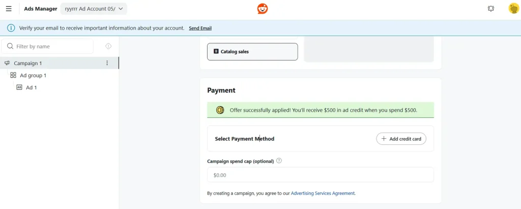 Add payment details in Reddit Ads